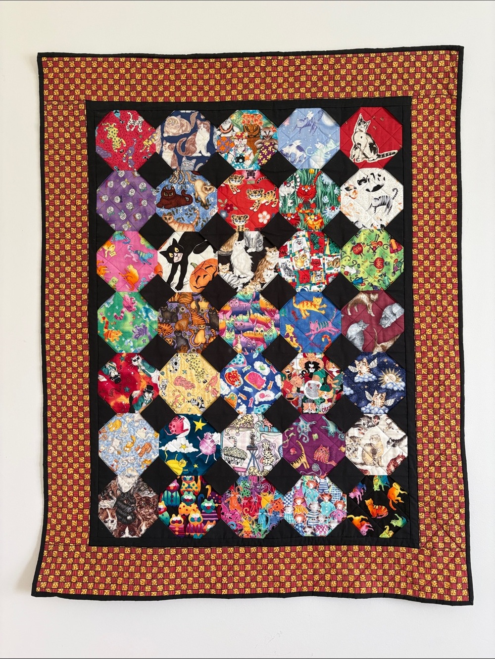 Handcrafted Multicolor Cat Patchwork Wall Hanging Quilt - Black Accents